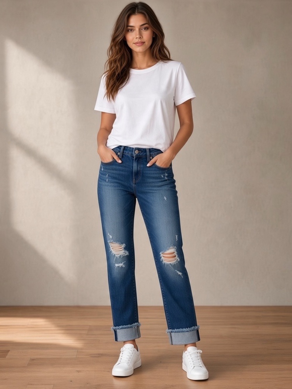 Fidelity Distressed Dark Blue Cuff-cropped Jeans